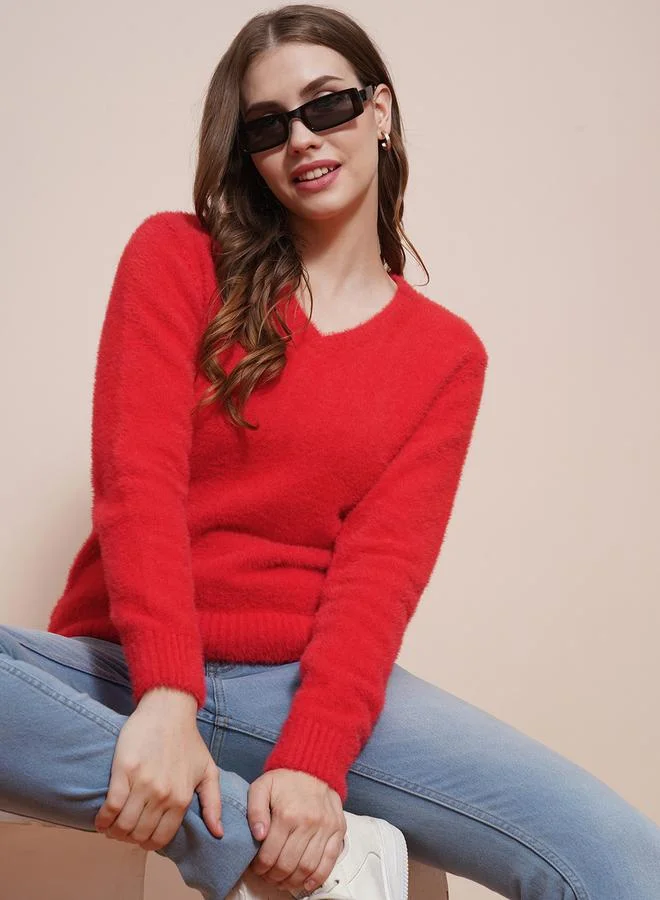 globus Women Red V-Neck Knitted Ribbed Sweater