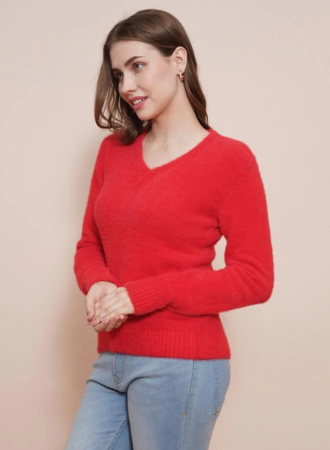 globus Women Red V-Neck Knitted Ribbed Sweater