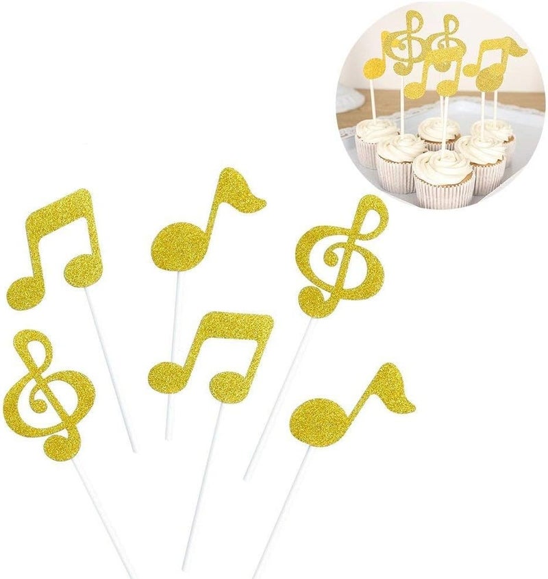 كلاراكو زينة كعكة موسيقية من كلاركو، 6 قطع، رموز موسيقية، نوتات موسيقية، لتزيين حفلات أعياد الميلاد (ذهبي) - Image 1