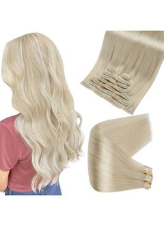 Full Shine 12 Inch Pu Clip in Hair Extensions Platinum Blonde Natural Ends Clip in Remy Hair Invisible Weft Clip ins for Women Blonde Hair 8 Pcs 100 Grams Straight Real Hair  - Image 1