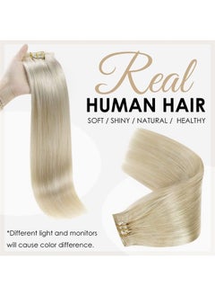 Full Shine 12 Inch Pu Clip in Hair Extensions Platinum Blonde Natural Ends Clip in Remy Hair Invisible Weft Clip ins for Women Blonde Hair 8 Pcs 100 Grams Straight Real Hair  - Image 2