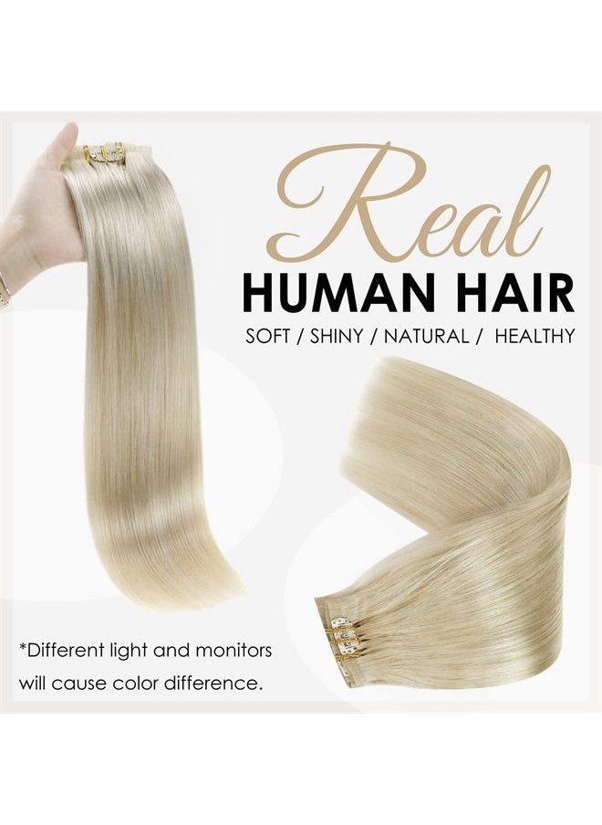 Full Shine 12 Inch Pu Clip in Hair Extensions Platinum Blonde Natural Ends Clip in Remy Hair Invisible Weft Clip ins for Women Blonde Hair 8 Pcs 100 Grams Straight Real Hair  - Image 2