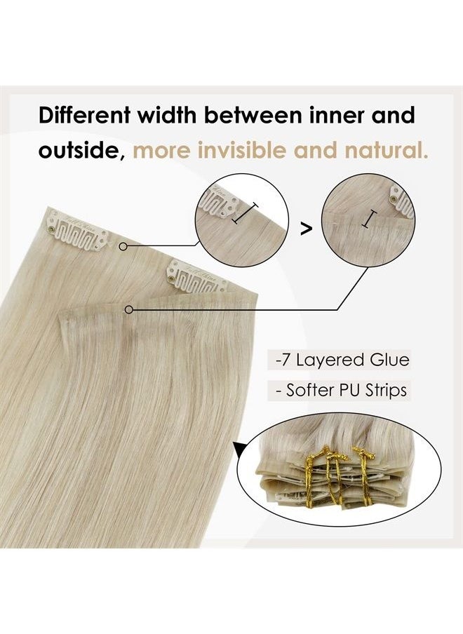 Full Shine 12 Inch Pu Clip in Hair Extensions Platinum Blonde Natural Ends Clip in Remy Hair Invisible Weft Clip ins for Women Blonde Hair 8 Pcs 100 Grams Straight Real Hair  - Image 4