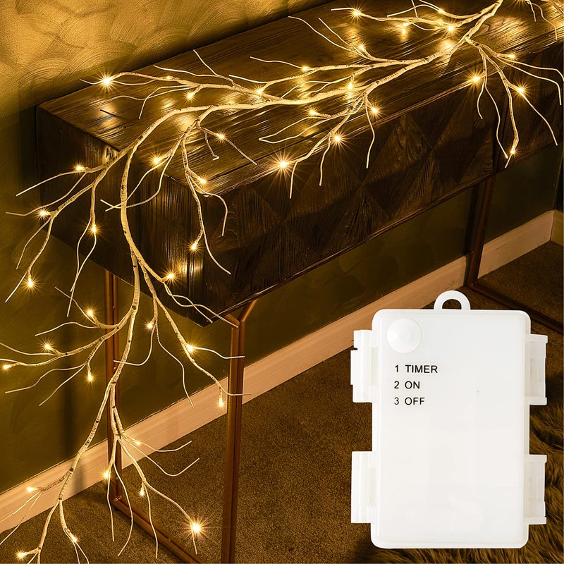 Fudios Lighted Birch Garland with Timer 48 LED Fairy Lights 6ft Battery Operated for Mantle Decor Lit Christmas White Twig Garland Winter Home Wall Decoration Indoor Outdoor Use 1 Set