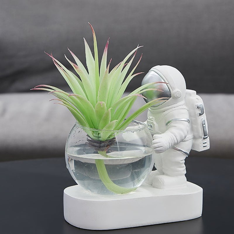 Water Planter Glass Vase Flower Storage Vase Resin Astronaut Adornment with Lamp - Image 1