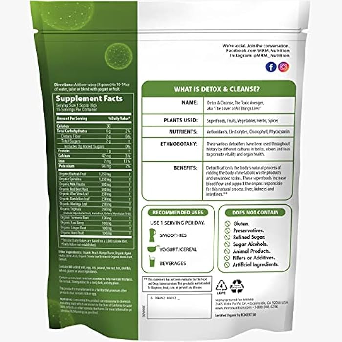 MRM Nutrition Organic Detox and Cleanse Powder | Peach Mango Flavored | Gentle Daily Detox | Superfoods | Antioxidants + Chlorophyll + Phycocyanin + Electrolytes | 15 Servings - Image 2