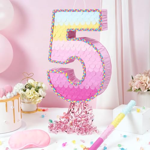 WERNNSAI Pink Sweet Five Piata Number 5 Piata Happy Birthday Decoration Pink Rainbow Design Party Games for Girl Princess Baby Shower Party Favor with Blindfold Anniversary Celebration Supplies - Image 5