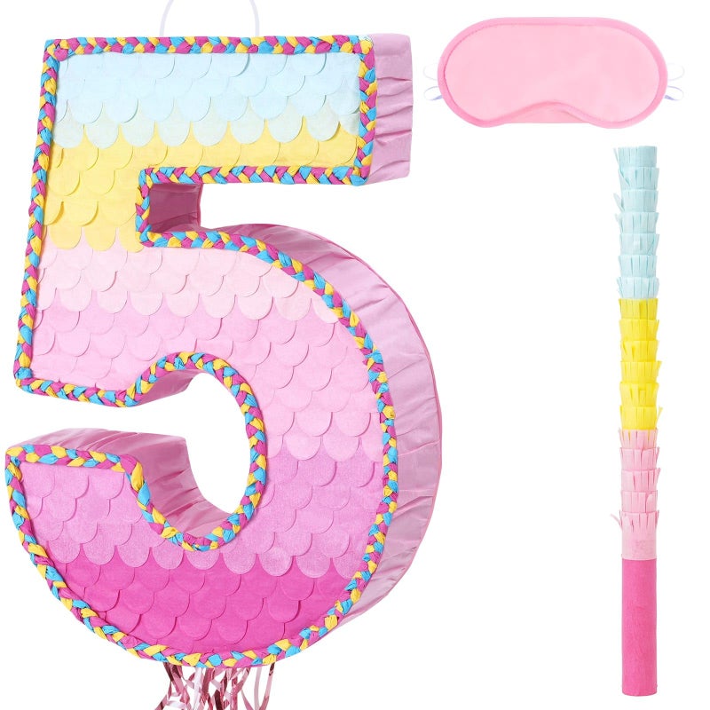 WERNNSAI Pink Sweet Five Piata Number 5 Piata Happy Birthday Decoration Pink Rainbow Design Party Games for Girl Princess Baby Shower Party Favor with Blindfold Anniversary Celebration Supplies - Image 3