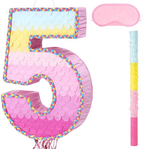 WERNNSAI Pink Sweet Five Piata Number 5 Piata Happy Birthday Decoration Pink Rainbow Design Party Games for Girl Princess Baby Shower Party Favor with Blindfold Anniversary Celebration Supplies - Image 1