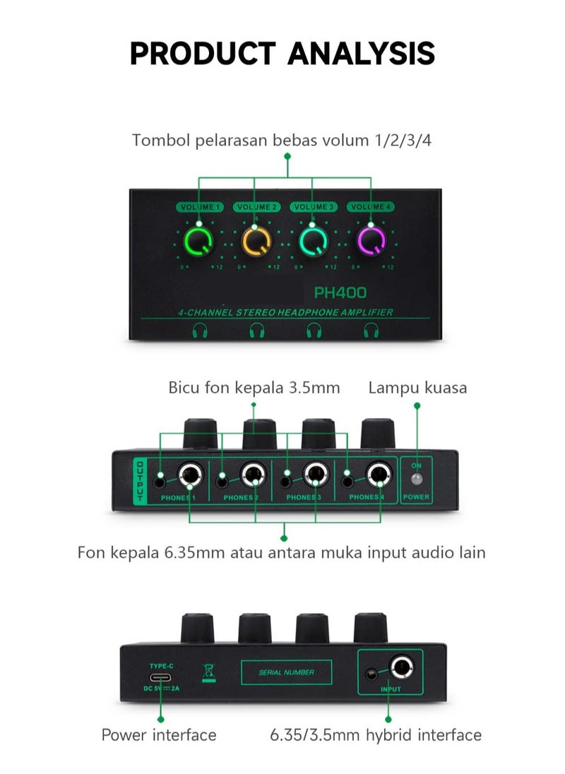 KASTWAVE KASTWAVE Headphone Amplifier, Guitar Headphone Amp Stereo Splitter Mixer Mini Amplifier for Speakers Home Desktop 4 Channel 4 in 1 Metal Audio with 1/4In and 3.5mm TRS Ports  - Image 5