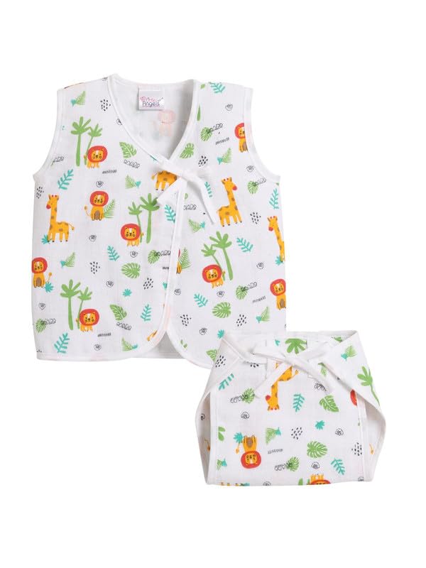 Little Angels Little Angels Baby Jhabla/Vest/T-Shirt and Nappy Set - Cotton V-Neck Sleeveless Tie-Knot for Baby Boys (3-6 Months) | White - Image 1