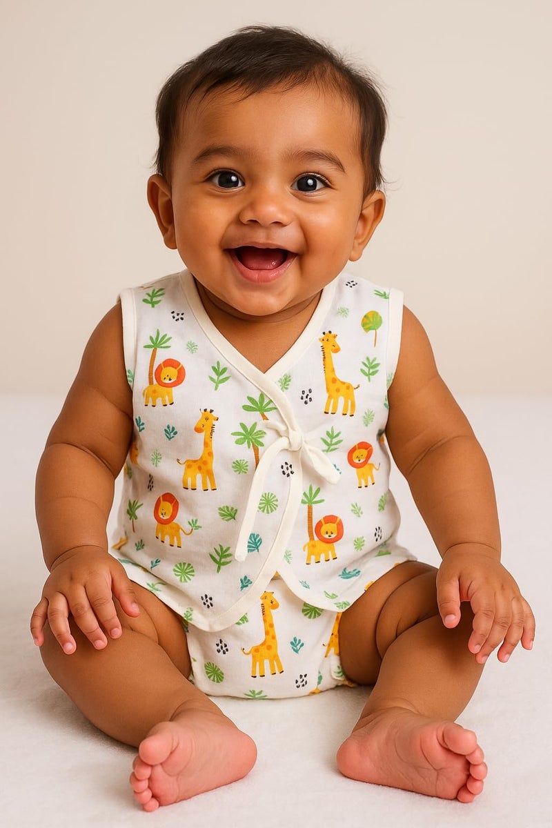 Little Angels Little Angels Baby Jhabla/Vest/T-Shirt and Nappy Set - Cotton V-Neck Sleeveless Tie-Knot for Baby Boys (3-6 Months) | White - Image 2