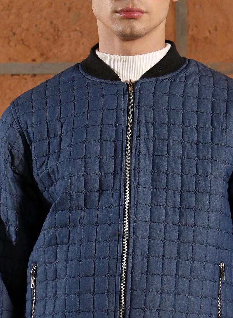 Campus Sutra Campus Sutra Men's Navy Blue Cubic-Quilted Bomber Jacket | Baseball Collar , Ribbed Cuff Sleeves , Zipper Closure , Ribbed-Straight Hem | Solid Quilted For Casual & Daily Wear
