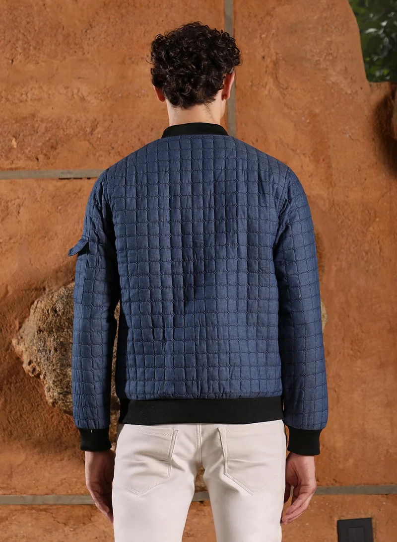 Campus Sutra Campus Sutra Men's Navy Blue Cubic-Quilted Bomber Jacket | Baseball Collar , Ribbed Cuff Sleeves , Zipper Closure , Ribbed-Straight Hem | Solid Quilted For Casual & Daily Wear