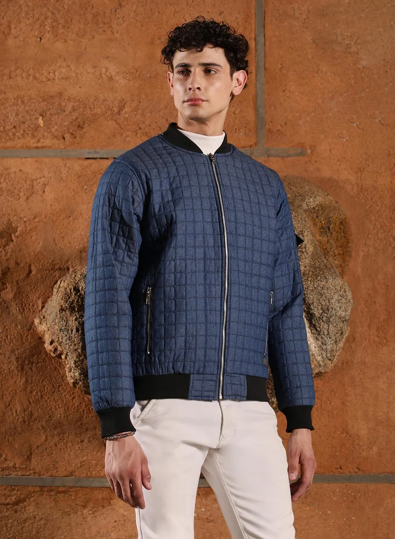 Campus Sutra Campus Sutra Men's Navy Blue Cubic-Quilted Bomber Jacket | Baseball Collar , Ribbed Cuff Sleeves , Zipper Closure , Ribbed-Straight Hem | Solid Quilted For Casual & Daily Wear