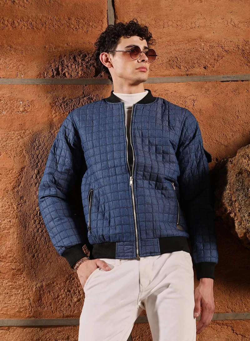 Campus Sutra Campus Sutra Men's Navy Blue Cubic-Quilted Bomber Jacket | Baseball Collar , Ribbed Cuff Sleeves , Zipper Closure , Ribbed-Straight Hem | Solid Quilted For Casual & Daily Wear
