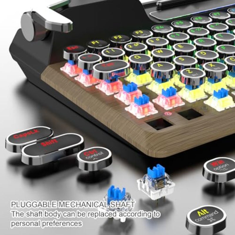 Retro mechanical typewriter keyboard for PC laptop phones, ABS plastic, black with RGB backlight, tactile blue switches and round keycaps - Image 3