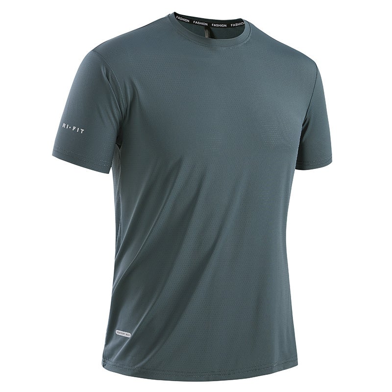 Popular Ice Silk T-Shirt Men'S Quick-Drying Sports Round Neck Short-Sleeved Top Simple Printing High Elasticity Breathable Ice Elastic - Image 2