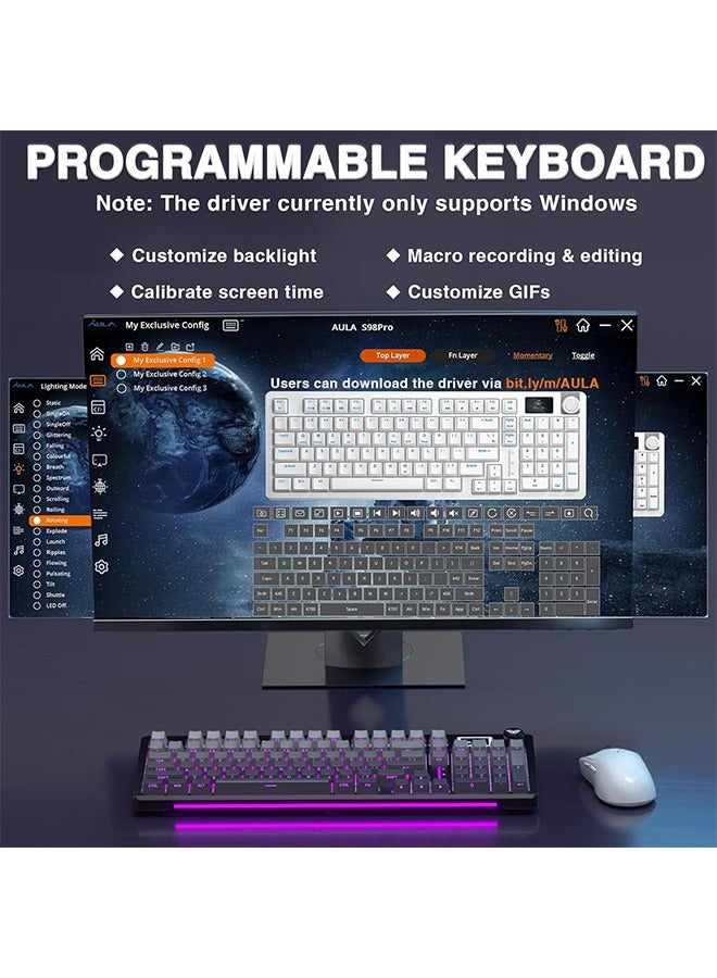 AULA S98 Pro Wireless Mechanical Keyboard,Smart Screen & Knob,Tri-Mode BT5.0/USB-C/2.4GHz Creamy Keyboard,Pre-lubed Linear Switches,Hot Swappable RGB Backlit Computer Gaming Keyboards