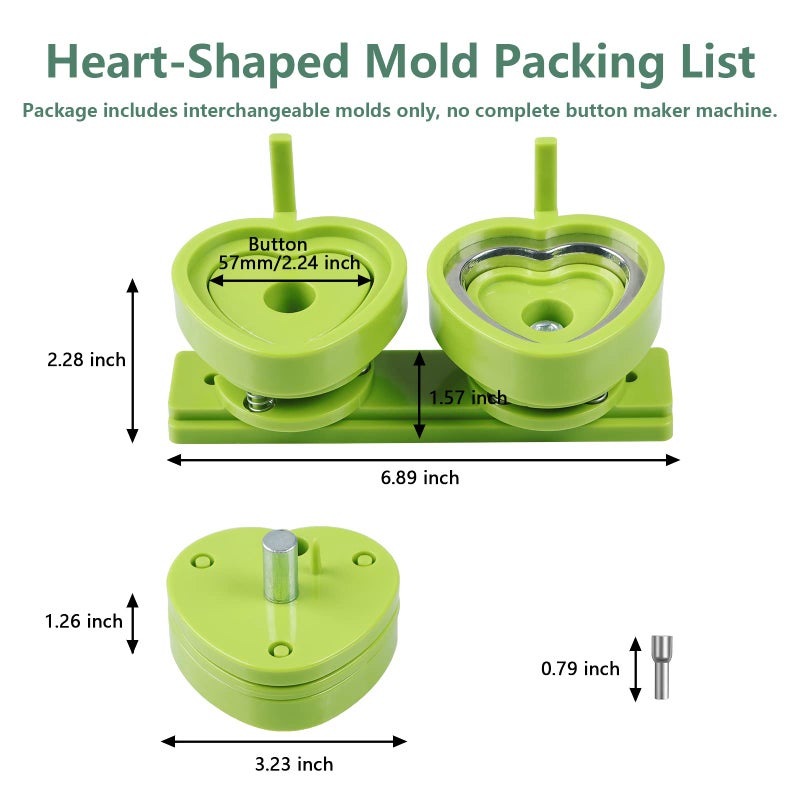 Happizza Heart-Shaped Button Mold, 57mm/2.24 inch, Green Resin, Slide Rail Button Maker Machine Compatible - Image 2