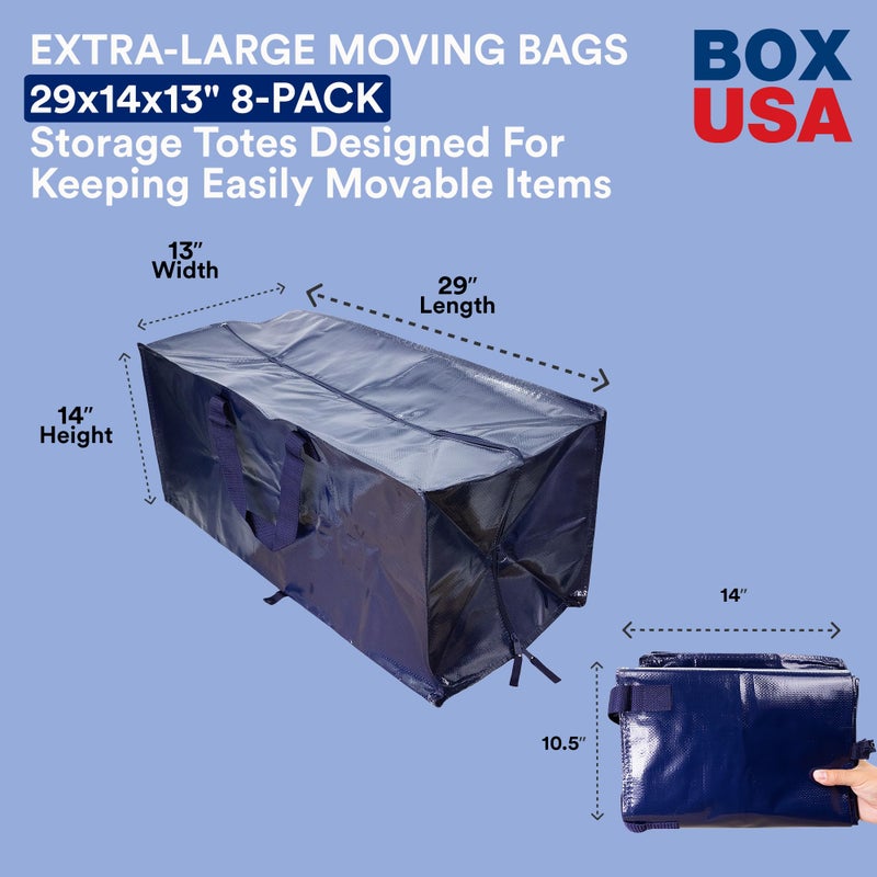 BOX USA 8-Pack Moving Bags with Strong Handles & Zippers - Heavy Duty Extra Large Packing Bags for Storage, Moving Boxes, Dorm & College Supplies, Blue - Image 2
