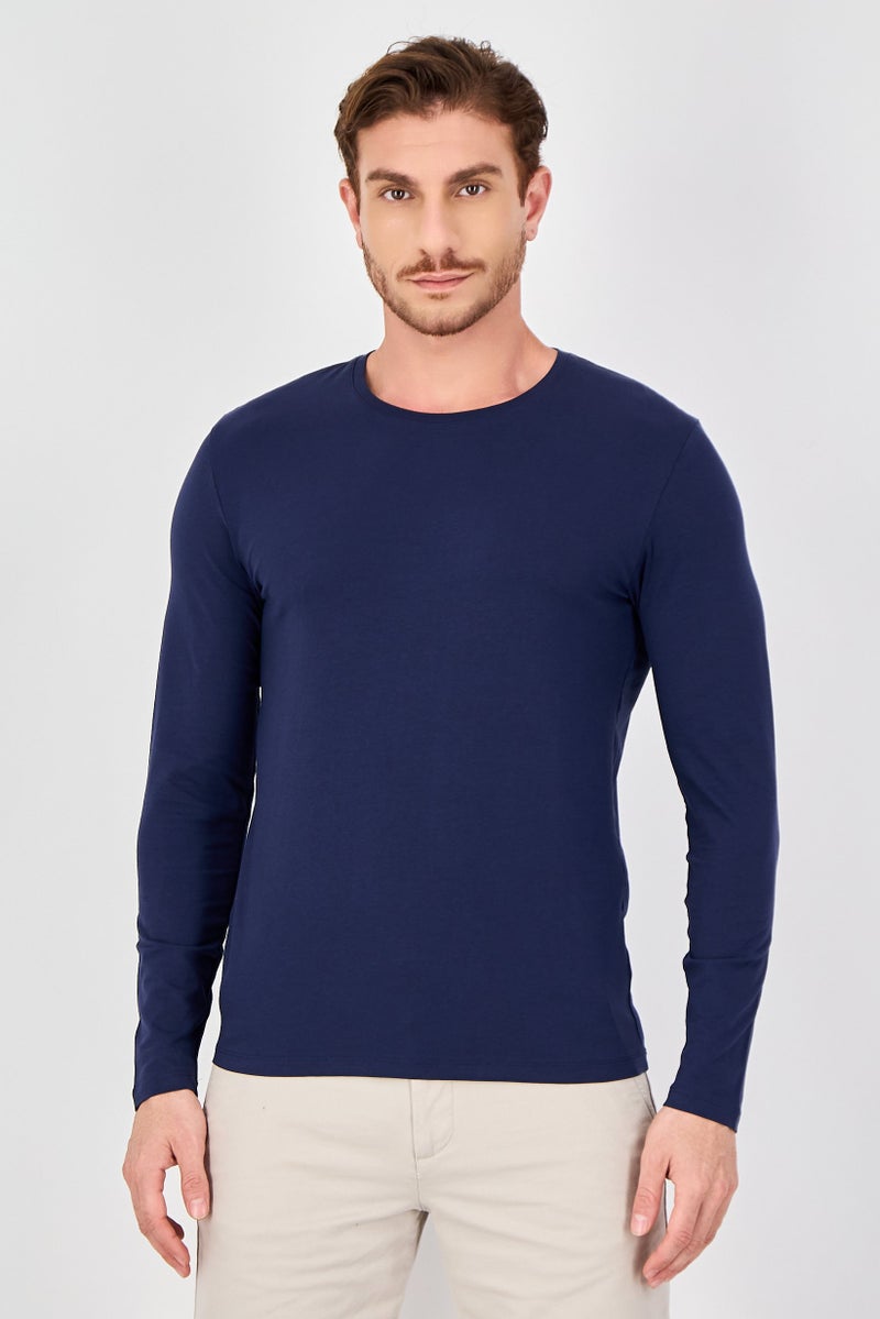 Celio Men Crew Neck Long Sleeve Plain T-Shirt, Navy Blue - Image 1