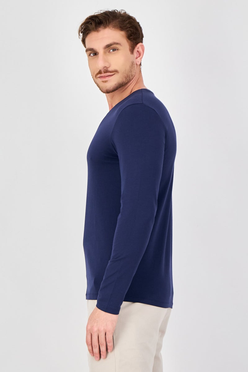 Celio Men Crew Neck Long Sleeve Plain T-Shirt, Navy Blue - Image 2