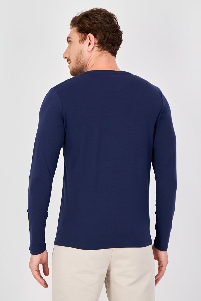 Celio Men Crew Neck Long Sleeve Plain T-Shirt, Navy Blue - Image 3