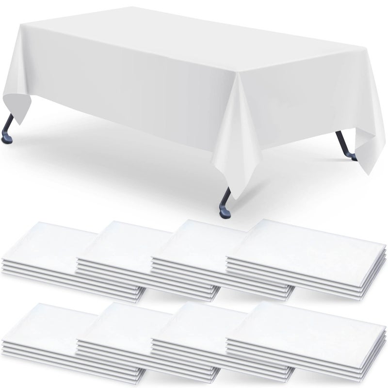 Jecery 30 Pack 60x126 Inch White Rectangle Tablecloth Plastic Table Cloths for 8 Foot Rectangle Tables Waterproof Stainproof Table Cover Bulk for Birthday Wedding Banquet Outdoor Party