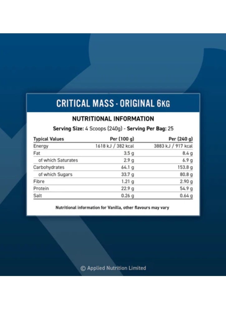 Applied Nutrition - Critical Mass 6Kg Chocolate Flavor 25 Serving - Image 1