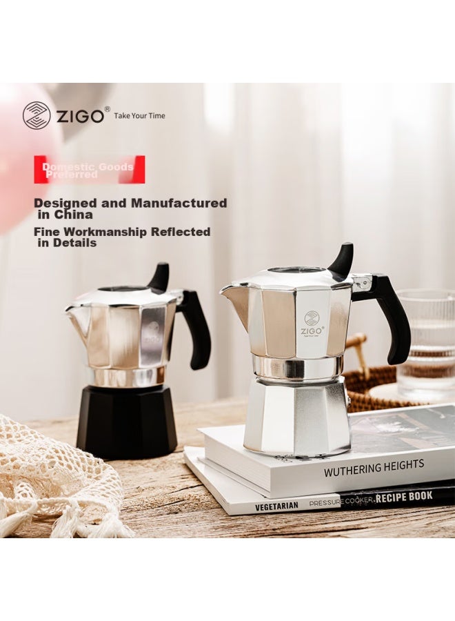 Zigo Dual-valve Moka Pot Coffee Maker For Home Use, Italian-style Coffee Pot With 2 Cups , Dual-valve 2-cup Silver - Image 1