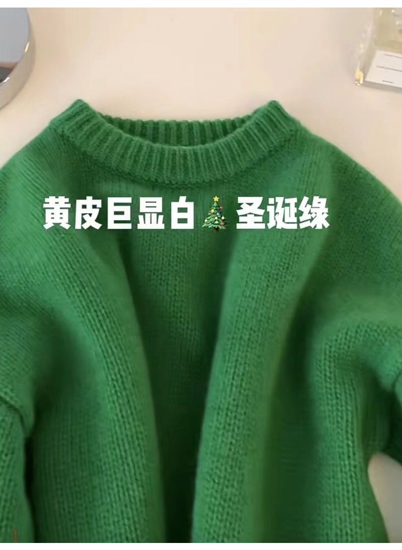 Generic - Idle Style Womens Pullover Sweater Soft Cashmere Knitted Top Solid Color Autumn/Winter Warm Comfortable Crew Neck Design Green - Image 1