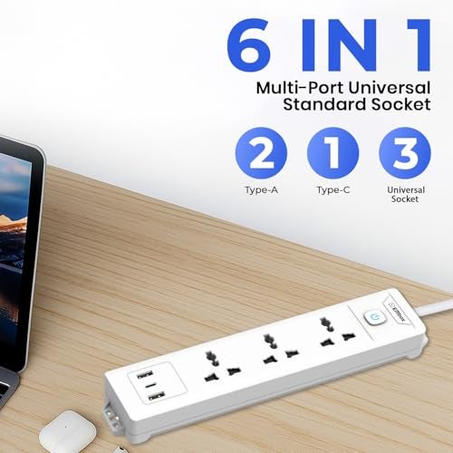 EMBOX Extension Board with USB (2.4 A) Type C | Master Switch Spike Guard, 6 amp Universal Sockets, LED Indicator 1500W (3 Socket + 3 USB - 2mtr) - Image 2