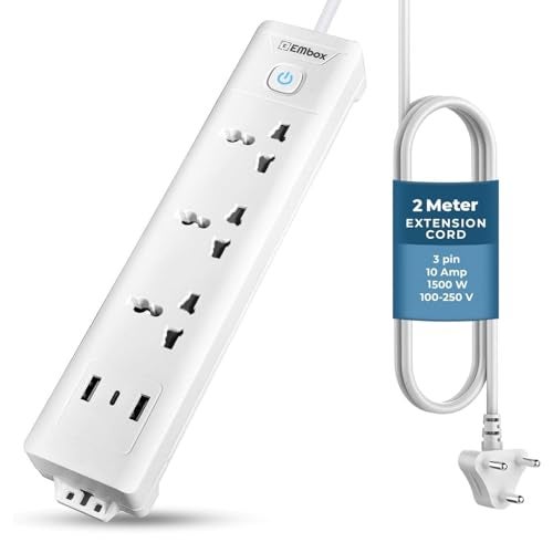 EMBOX Extension Board with USB (2.4 A) Type C | Master Switch Spike Guard, 6 amp Universal Sockets, LED Indicator 1500W (3 Socket + 3 USB - 2mtr) - Image 1