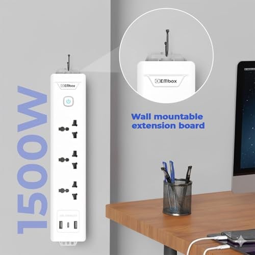 EMBOX Extension Board with USB (2.4 A) Type C | Master Switch Spike Guard, 6 amp Universal Sockets, LED Indicator 1500W (3 Socket + 3 USB - 2mtr) - Image 3