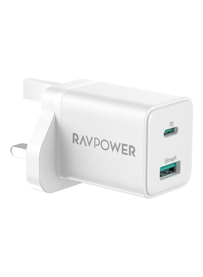 راف باور - شاحن جداري بمنفذين USB-A و USB-C بقوة 20W - ابيض أبيض