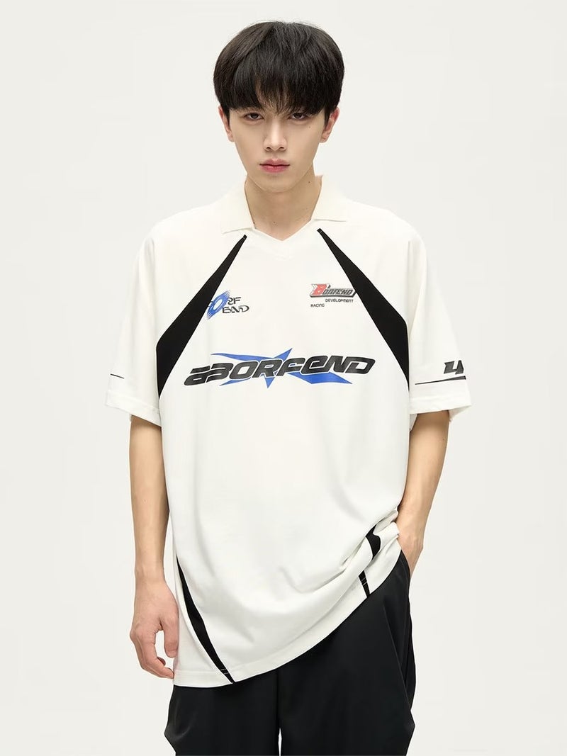Generic American Street Motorcycle Short-sleeved Polo Shirt for Boys Summer vintage Trendy T-shirt Trendy Brand Five-sleeved Racing Suit White - Image 1