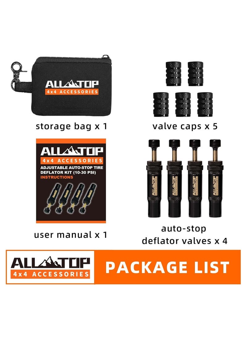 ALL-TOP Adjustable Auto-Stop Tire Deflator Valve Kit (10-30 PSI) 4 PCS Screw-on Tyre Air Down Tool for Offroad 4x4