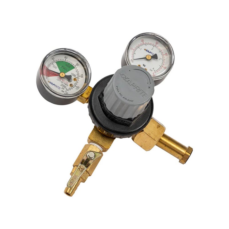 TAPRITE E-T742 CO2 Primary Beer Dual High Pressure Gauge New - CGA 320 Inlet 5/16" Barb Shutoff (Brass Body) - Image 1