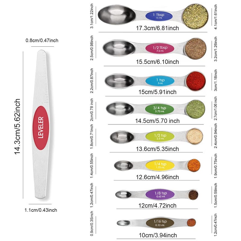 BIDFUL Magnetic Measuring Spoons Set Stainless Steel with Leveler, 9pcs Multicolors Measuring Cups Set for Baking, Measuring Cups and Spoon Set Kitchen Gadgets Apartment Essentials Fits in Spice Jars - Image 2