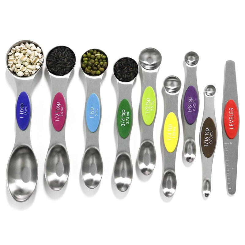 BIDFUL Magnetic Measuring Spoons Set Stainless Steel with Leveler, 9pcs Multicolors Measuring Cups Set for Baking, Measuring Cups and Spoon Set Kitchen Gadgets Apartment Essentials Fits in Spice Jars - Image 1