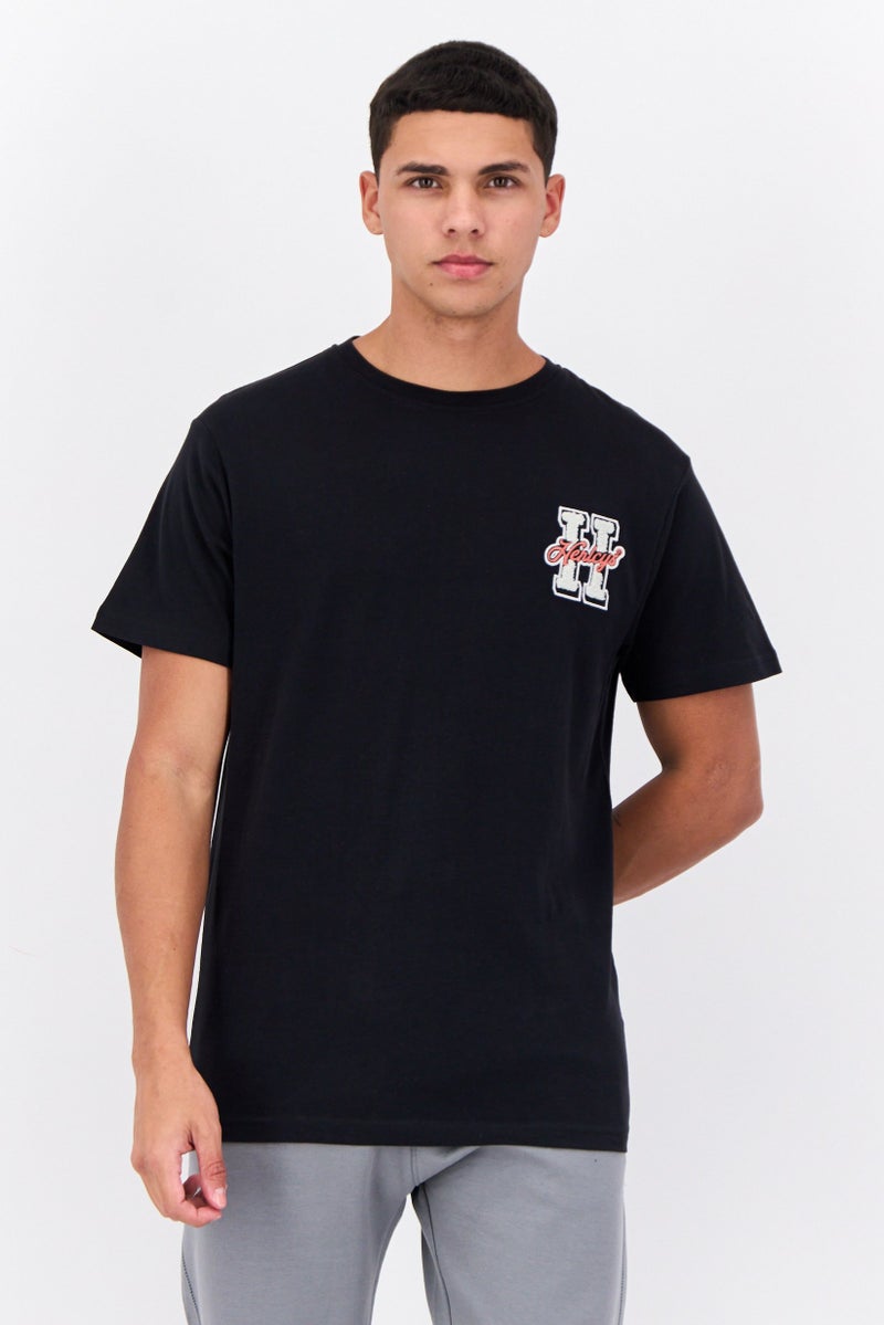 Men Crew Neck Short Sleeves Brand Logo T-Shirt, Black