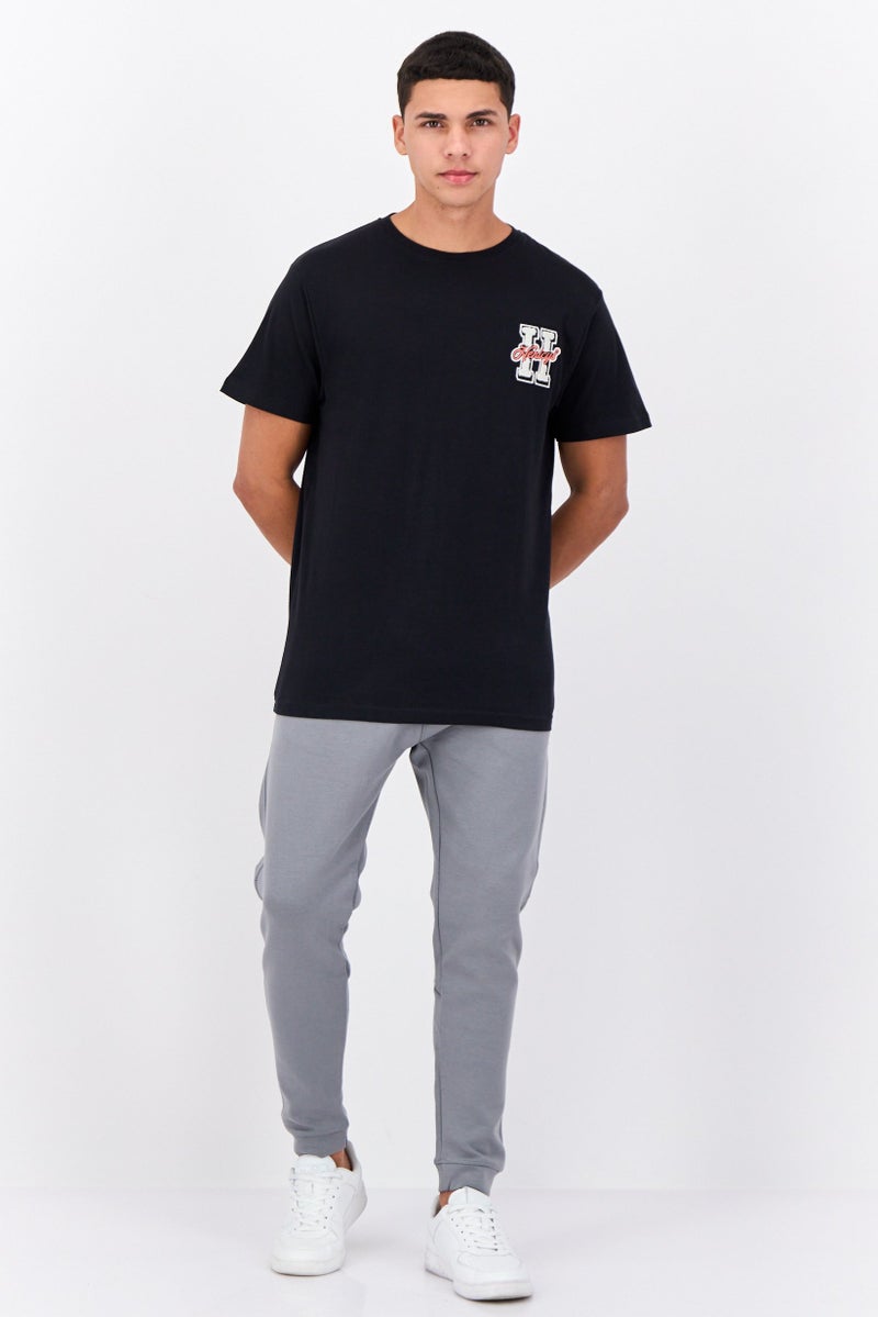 Men Crew Neck Short Sleeves Brand Logo T-Shirt, Black
