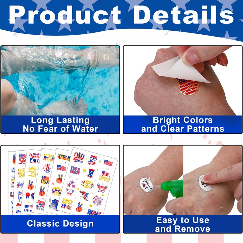 Huskein 64 PCS 4 Sheets 4th of July Temporary Tattoo Set, Patriotic Party Face Body Decorations, American Flag Independence Long Lasting Tattoo Stickers for Kids Adults, Red White and Blue Accessories - Image 4