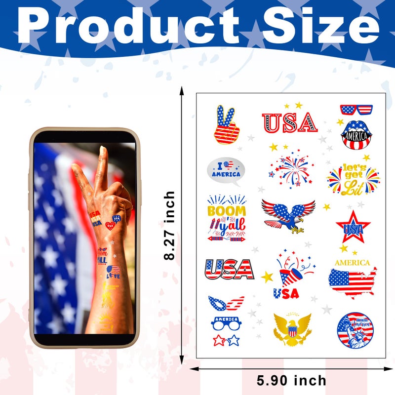 Huskein 64 PCS 4 Sheets 4th of July Temporary Tattoo Set, Patriotic Party Face Body Decorations, American Flag Independence Long Lasting Tattoo Stickers for Kids Adults, Red White and Blue Accessories - Image 2