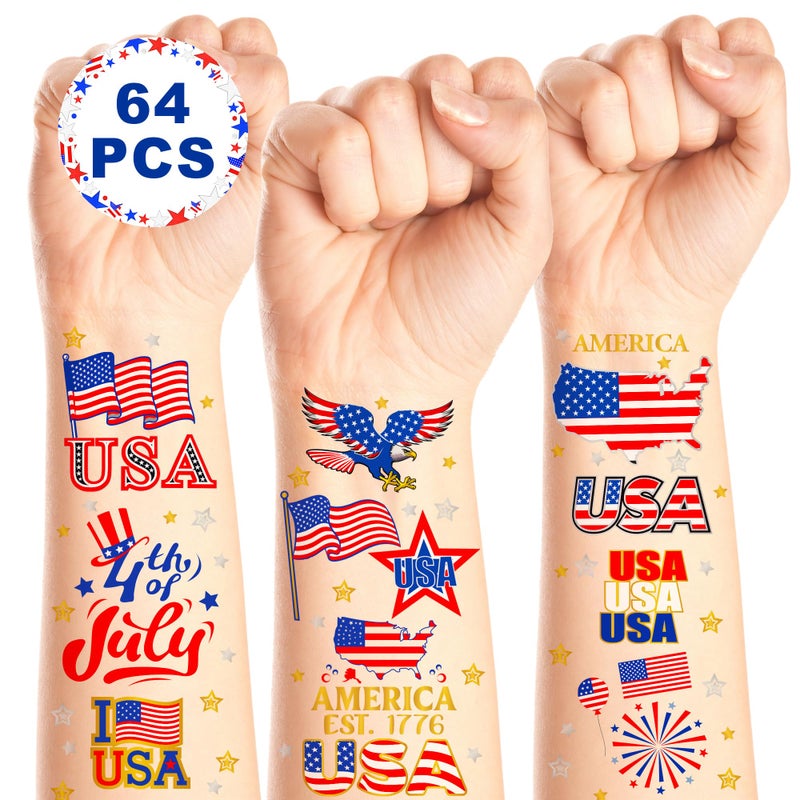 Huskein 64 PCS 4 Sheets 4th of July Temporary Tattoo Set, Patriotic Party Face Body Decorations, American Flag Independence Long Lasting Tattoo Stickers for Kids Adults, Red White and Blue Accessories - Image 1