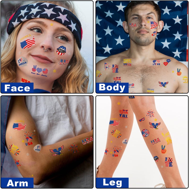 Huskein 64 PCS 4 Sheets 4th of July Temporary Tattoo Set, Patriotic Party Face Body Decorations, American Flag Independence Long Lasting Tattoo Stickers for Kids Adults, Red White and Blue Accessories - Image 5