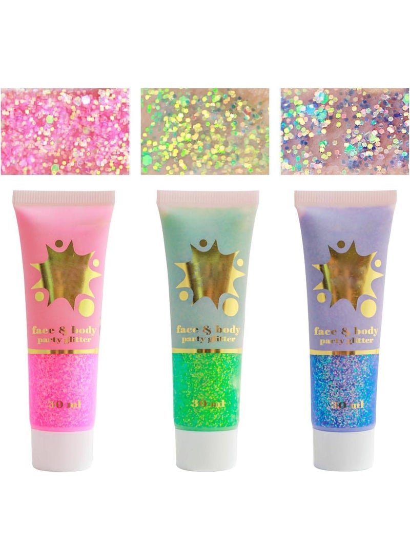 ChicAbode 3 Colors Body Glitter Gel, Long-Lasting Body Glitter, Cosmetic Grade Holographic Face Glitter Makeup, Face Glitter and Hair Glitter for Women and Girls, Vegan & Cruelty Free (Pink+Green+blue) - Image 1