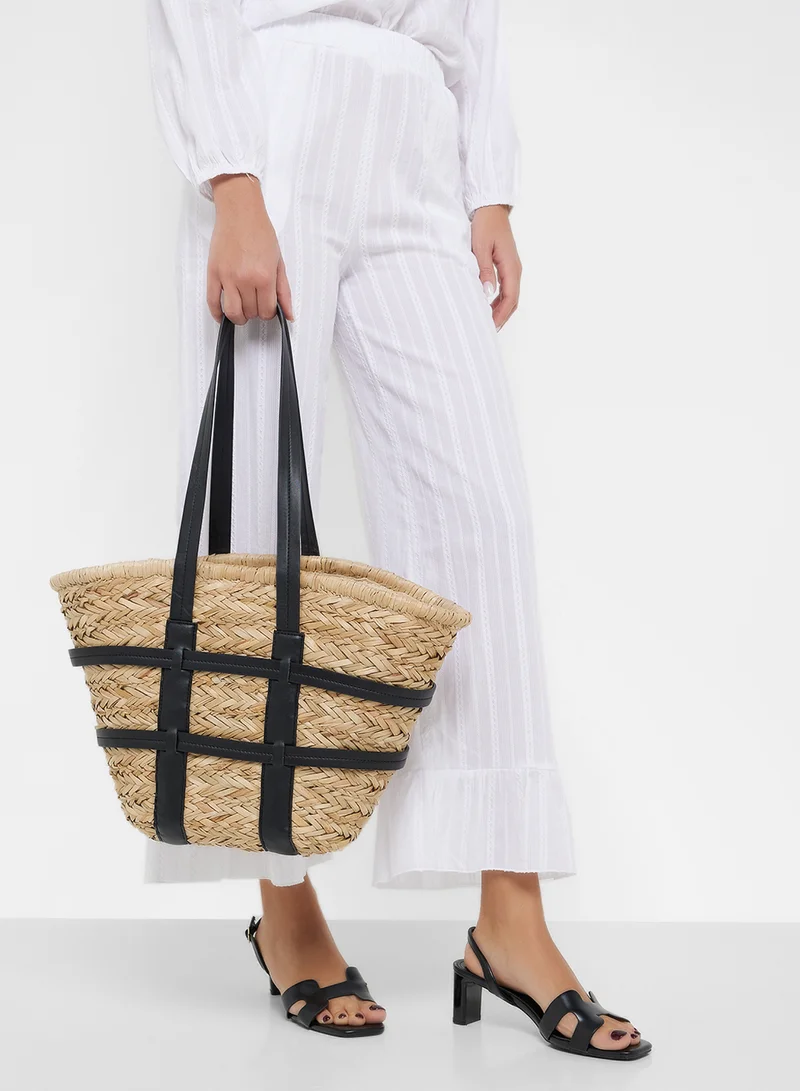 ELLA Raffia Color Block Beach Tote Bag