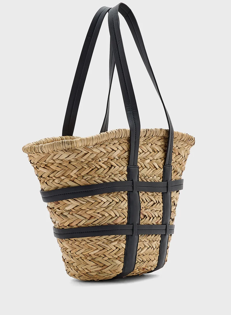 ELLA Raffia Color Block Beach Tote Bag